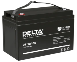 Батарея DELTA серия DT, DT 12100, напряжение 12В, емкость 100Ач (разряд 20 часов),  макс. ток разряда (5 сек.) 1000А, макс. ток заряда 30А, свинцово-кислотная типа AGM, клеммы под болт М8, ДxШxВ 330х173х215мм., вес 28.6кг., срок службы 7-10 лет./ Battery