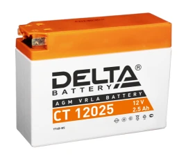 Аккумуляторная батарея для мото-техники/ DELTA серия  CT, CT 12025, напряжение 12В, емкость 2,5 Ач (разряд 10 часов 10.5 В), пусковой ток: 40А, полярность обратная ( - +),  тип AGM;Pb (свинцово-кислотный), клеммы: BN под болт,  ДxШxВ 114x39x87мм., вес  0,