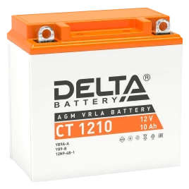 Аккумуляторная батарея для мото-техники/ DELTA серия  CT, CT 1210, напряжение 12В, емкость 10 Ач (разряд 10 часов 10.5 В), пусковой ток: 100А, полярность обратная ( - +),  тип AGM;Pb (свинцово-кислотный), клеммы: BN под болт,  ДxШxВ 137x77x135мм., вес  2,