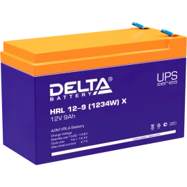 Батарея DELTA серия HRL-X, HRL 12-9 X, напряжение 12В, емкость 9Ач (разряд 10 часов),  макс. ток разряда (5 сек.) 135А, макс. ток заряда 2.7А, свинцово-кислотная типа AGM, клеммы F2, ДxШxВ 151х65х94мм., вес 2.55кг., срок службы 12 лет./ Battery DELTA seri