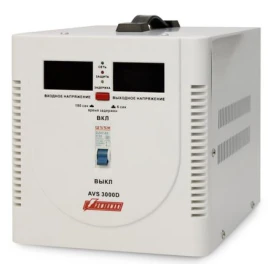 Стабилизатор POWERMAN AVS 3000D, ступенчатый регулятор, цифровые индикаторы уровней напряжения, 3000ВА, 140-260В, максимальный входной ток 20А, клеммная колодка, IP-20, напольный,  280мм х 200мм х 225мм, 6.8 кг./ Stabilizer POWERMAN AVS 3000D, step-type r