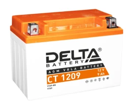 Аккумуляторная батарея для мото-техники/ DELTA серия  CT, CT 1209, напряжение 12В, емкость 9 Ач (разряд 10 часов 10.5 В), пусковой ток: 135А, полярность обратная ( - +),  тип AGM;Pb (свинцово-кислотный), клеммы: BN под болт,  ДxШxВ 150x86x108мм., вес  3кг