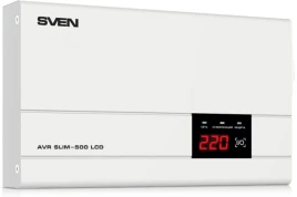 Стабилизатор SVEN SLIM-500 LCD, релейный, 400вт, 500Ва, 140-260в, функция «пауза», 1 евророзетка, 2.35 кг/ Stabilizer SVEN SLIM-500 LCD, Relay, 400W, 500VA, 140-260v, the function "pause", single outlet, 2.35 kg