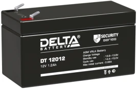 Батарея DELTA серия DT, DT 12012, напряжение 12В, емкость 1.2Ач (разряд 20 часов),  макс. ток разряда (5 сек.) 19.5А, макс. ток заряда 0.36А, свинцово-кислотная типа AGM, клеммы F1, ДxШxВ 97х45х52мм., вес 0.55кг., срок службы 5 лет./ Battery DELTA series