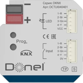 Donel KNX Универсальный интерфейс , 4 канала, 12 В DC Могут индивидуально параметрироваться как входы или выходы, длина шины до 10м, вход 20 В DC, 5 мА, выход 12 В DC, макс. 2,5 мА, 4 входа 4 выхода, Cерия DKNX