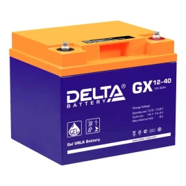 Батарея DELTA серия GX, GX 12-40, напряжение 12В, емкость 40Ач (разряд 20 часов),  макс. ток разряда (5 сек.) 400А, макс. ток заряда 7.9А, свинцово-кислотная типа GEL, клеммы под болт М6, ДxШxВ 197х165х170мм., вес 14.7кг., срок службы 15 лет./ Battery DEL
