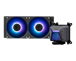 Система жидкостного охлаждения/ Water Cooling System MSI MAG CORELIQUID A15 240 (240W, 240mm, Black, ARGB/ Fans: 2x120mm, 64.89CFM, 28.7dBA, 2050RPM/ Pump 20dBA, 3400RPM, Rad thickness 27mm/ S: 1851, 1700, AM5, AM4)