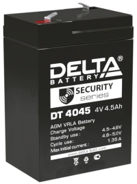 Батарея DELTA серия DT, DT 4045, напряжение 4В, емкость 4.5Ач (разряд 20 часов),  макс. ток разряда (5 сек.) 60А, макс. ток заряда 1.35А, свинцово-кислотная типа AGM, клеммы F1, ДxШxВ 70х47х101мм., вес 0.5кг., срок службы 5 лет./ Battery DELTA series DT,
