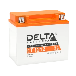 Аккумуляторная батарея для мото-техники/ DELTA серия  CT, CT 1212, напряжение 12В, емкость 12 Ач (разряд 10 часов 10.5 В), пусковой ток: 180А, полярность обратная ( - +),  тип AGM;Pb (свинцово-кислотный), клеммы: BN под болт,  ДxШxВ 150x86x131мм., вес  3,