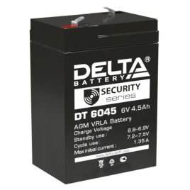 Батарея DELTA серия DT, DT 6045, напряжение 6В, емкость 4.5Ач (разряд 20 часов),  макс. ток разряда (5 сек.) 70А, макс. ток заряда 1.35А, свинцово-кислотная типа AGM, клеммы F1, ДxШxВ 70х47х100мм., вес 0.75кг., срок службы 5 лет./ Battery DELTA series DT,