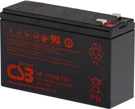 Батарея CSB серия HR, HR1224W F2 F1, напряжение 12В, емкость 6Ач (разряд 20 часов), 24 Вт/Эл при 15-мин. разряде до U кон. - 1.67 В/Эл при 25 °С, макс. ток разряда (5 сек.) 130А, ток короткого замыкания 260А, макс. ток заряда 2.4A, свинцово-кислотная типа