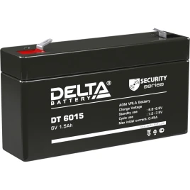 Батарея DELTA серия DT, DT 6015, напряжение 6В, емкость 1.5Ач (разряд 20 часов),  макс. ток разряда (5 сек.) 18А, макс. ток заряда 0.45А, свинцово-кислотная типа AGM, клеммы F1, ДxШxВ 97х24х51мм., вес 0.3кг., срок службы 5 лет./ Battery DELTA series DT, D