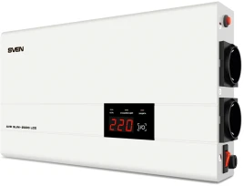 Стабилизатор SVEN AVR SLIM-2000 LCD, релейный, 1200вт, 2000Ва, 140-260в, функция «пауза», 1 евророзетка, 2.9 кг./ Stabilizer SVEN AVR SLIM-2000 LCD, Relay, 1200W, 2000VA, 140-260v, the function "pause", 2 outlets