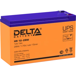 Батарея DELTA серия HR-W, HR 12-28 W, напряжение 12В, емкость 7Ач (разряд 20 часов),  макс. ток разряда (5 сек.) 140А, макс. ток заряда 2.1А, свинцово-кислотная типа AGM, клеммы F2, ДxШxВ 151х65х94мм., вес 2.2кг., срок службы 8 лет./ Battery DELTA series