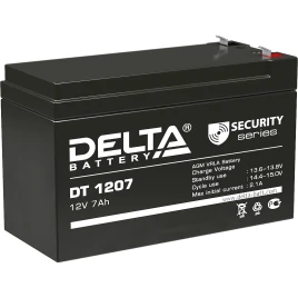Батарея DELTA серия DT, DT 1207, напряжение 12В, емкость 7Ач (разряд 20 часов),  макс. ток разряда (5 сек.) 108А, макс. ток заряда 2.1А, свинцово-кислотная типа AGM, клеммы F1, ДxШxВ 151х65х95мм., вес 2.05кг., срок службы 5 лет./ Battery DELTA series DT,
