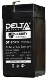 Батарея DELTA серия DT, DT 6023, напряжение 6В, емкость 2.3Ач (разряд 20 часов),  макс. ток разряда (5 сек.) 30А, макс. ток заряда 0.69А, свинцово-кислотная типа AGM, клеммы F1, ДxШxВ 44х47х101мм., вес 0.45кг., срок службы 5 лет./ Battery DELTA series DT,
