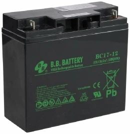 Батарея B.B. Battery серия BC, BC17-12, напряжение 12В, емкость 17Ач (разряд 20 часов), макс. ток разряда (5 сек.) 255А, макс. ток заряда 5.1A, свинцово-кислотная типа AGM, клеммы B1, ДxШxВ 181x76x166мм., вес 5.62кг., срок службы 5-7 лет/ B.B. Battery ser
