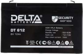 Батарея DELTA серия DT, DT 612, напряжение 6В, емкость 12Ач (разряд 20 часов),  макс. ток разряда (5 сек.) 150А, макс. ток заряда 3.6А, свинцово-кислотная типа AGM, клеммы F2, ДxШxВ 151х50х94мм., вес 1.6кг., срок службы 5 лет./ Battery DELTA series DT, DT