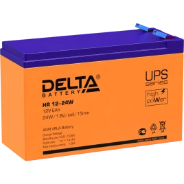 Батарея DELTA серия HR-W, HR 12-24 W, напряжение 12В, емкость 6Ач (разряд 20 часов),  макс. ток разряда (5 сек.) 90А, макс. ток заряда 1.8А, свинцово-кислотная типа AGM, клеммы F2, ДxШxВ 151х52х94мм., вес 2.18кг., срок службы 8 лет./ Battery DELTA series