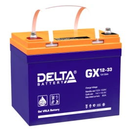 Батарея DELTA серия GX, GX 12-33, напряжение 12В, емкость 33Ач (разряд 20 часов),  макс. ток разряда (5 сек.) 330А, макс. ток заряда 6.5А, свинцово-кислотная типа GEL, клеммы под болт М6, ДxШxВ 195х130х155мм., вес 11кг., срок службы 15 лет./ Battery DELTA