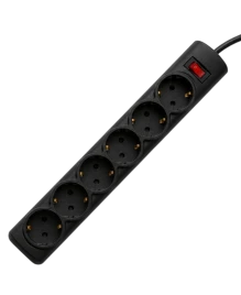 Сетевой фильтр PROGIX PG655, 6 розеток, черный, кабель 2 метра, с защитой от перегрузки, заземление, выключатель, мощность нагрузки 2200Вт, размер 320 х 50 х 40мм, сечение кабеля 3 х 0.75кв.мм.