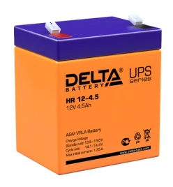 Батарея DELTA серия HR, HR 12-4,5, напряжение 12В, емкость 4.5Ач (разряд 20 часов),  макс. ток разряда (5 сек.) 67.5А, макс. ток заряда 1.35А, свинцово-кислотная типа AGM, клеммы F1, ДxШxВ 90х70х101мм., вес 1.75кг., срок службы 8 лет./ Battery DELTA serie