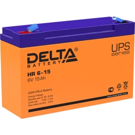 Батарея DELTA серия HR, HR 6-15, напряжение 6В, емкость 15Ач (разряд 20 часов),  макс. ток разряда (5 сек.) 180А, макс. ток заряда 4.5А, свинцово-кислотная типа AGM, клеммы F1, ДxШxВ 151х50х94мм., вес 1.95кг., срок службы 8 лет./ Battery DELTA series HR,