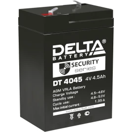 Батарея DELTA серия DT, DT 4045, напряжение 4В, емкость 4.5Ач (разряд 20 часов),  макс. ток разряда (5 сек.) 60А, макс. ток заряда 1.35А, свинцово-кислотная типа AGM, клеммы F1, ДxШxВ 70х47х101мм., вес 0.5кг., срок службы 5 лет./ Battery DELTA series DT,