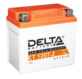 Аккумуляторная батарея для мото-техники/ DELTA серия  CT, CT 1207.2, напряжение 12В, емкость 7 Ач (разряд 10 часов 10.5 В), пусковой ток: 130А, полярность обратная ( - +),  тип AGM;Pb (свинцово-кислотный), клеммы: BN под болт,  ДxШxВ 114x70x108мм., вес  2