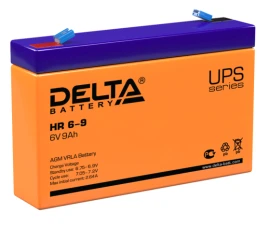 Батарея DELTA серия HR, HR 6-9, напряжение 6В, емкость 9Ач (разряд 20 часов),  макс. ток разряда (5 сек.) 135А, макс. ток заряда 2.55А, свинцово-кислотная типа AGM, клеммы F1, ДxШxВ 151х34х94мм., вес 1.37кг., срок службы 8 лет./ Battery DELTA series HR, H