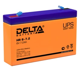 Батарея DELTA серия HR, HR 6-7,2, напряжение 6В, емкость 7.2Ач (разряд 20 часов),  макс. ток разряда (5 сек.) 108А, макс. ток заряда 2.1А, свинцово-кислотная типа AGM, клеммы F1, ДxШxВ 151х34х94мм., вес 1.28кг., срок службы 8 лет./ Battery DELTA series HR