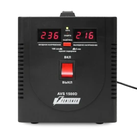 Стабилизатор POWERMAN AVS 1500D, черный, ступенчатый регулятор, цифровые индикаторы уровней напряжения, 1500ВА, 140-260В, максимальный входной ток 10А, 2 евророзетки, IP-20, напольный,  200мм х 160мм х 190мм, 4 кг./ Stabilizer POWERMAN AVS 1500D, black, s