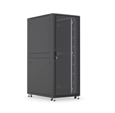 Шкаф напольный телекоммуникационный 19", 22U, 1166x600x800 мм, дверь стеклянная, съёмные боковые панели, в комплекте щеточный ввод, комплект заземления, нагрузка до 1250 кг. Цвет: черный фото 1