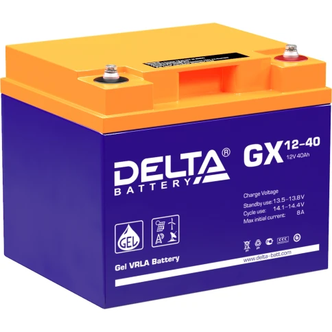 Батарея DELTA серия GX, GX 12-40, напряжение 12В, емкость 40Ач (разряд 20 часов),  макс. ток разряда (5 сек.) 400А, макс. ток заряда 7.9А, свинцово-кислотная типа GEL, клеммы под болт М6, ДxШxВ 197х165х170мм., вес 14.7кг., срок службы 15 лет./ Battery DEL фото 1