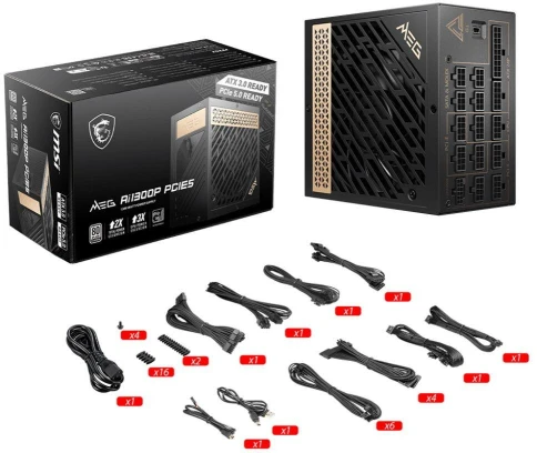 Блок питания ПК/ Power Supply MSI MEG Ai1300P PCIE5, 1300W 80+ Platinum (ATX, 3.1, PCIe 5.1, Full modular, 1x24(20+4)pin, 1xCPU 8(4+4)pin, 8xPCIe*2 8(6+2)pin, 1x12VHPWR, 16xSATA3, 4xMOLEX4pin, Active, 120x120mm, 160x150x86mm, APFC, black) фото 5