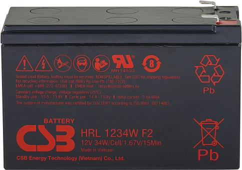 Батарея CSB серия HRL, HRL1234W F2 FR, напряжение 12В, емкость 8.5Ач (разряд 20 часов), 34 Вт/Эл при 15-мин. разряде до U кон. - 1.67 В/Эл при 25 °С, макс. ток разряда (5 сек.) 130А, ток короткого замыкания 367А, макс. ток заряда 3.4A, свинцово-кислотная фото 2