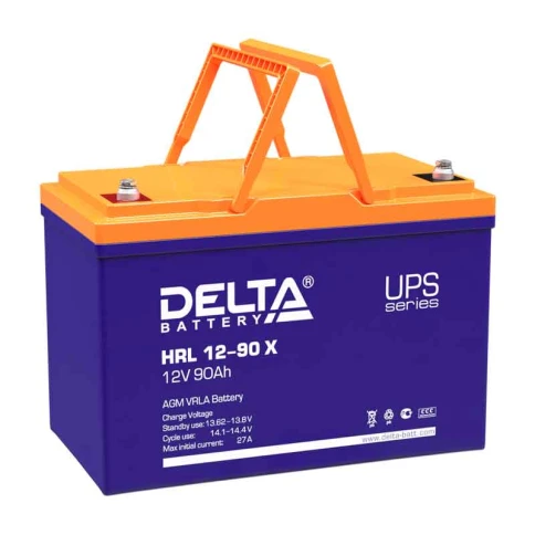 Батарея DELTA серия HRL-X, HRL 12-90 X, напряжение 12В, емкость 90Ач (разряд 10 часов),  макс. ток разряда (5 сек.) 800А, макс. ток заряда 27А, свинцово-кислотная типа AGM, клеммы под болт М6, ДxШxВ 306х169х210мм., вес 27.8кг., срок службы 12 лет. фото 1