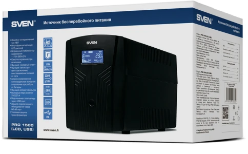 ИБП SVEN Pro 1500 (LCD, USB), линейно-интерактивный, автоматический стабилизатор напряжения, 1500Вт, 900Ва, 3 евророзетки, USB, RJ-45, черный, габариты 140?350?175мм, 10кг./ UPS SVEN Pro 1500 (LCD, USB), linear-interactive, automatic voltage regulator, 15 фото 5