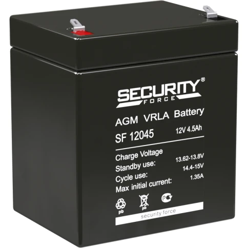 Батарея SECURITY FORCE серия SF, SF 12045, напряжение 12В, емкость 4.6Ач (разряд 20 часов),  макс. ток разряда (5 сек.) 60А, макс. ток заряда 1.35А, свинцово-кислотная типа AGM, клеммы F1, ДxШxВ 90х70х101мм., вес кг., срок службы 3-5 лет./ Battery SECURIT фото 1