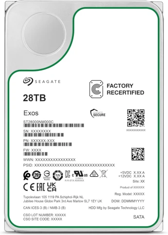 Жесткий диск/ HDD Seagate SATA 28Tb 7200 Exos 6Gb/s 512Mb OFFICIAL RECERTIFIED MTBF - 2.5M hrs 1 year warranty (replacement ST26000NM000C, ST28000NM003K) фото 1