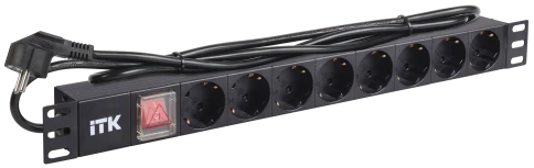 ITK PDU 8 розеток DIN49440 (нем. cтанд.) с LED выключателем, 1U, шнур 2м вилка DIN49441 (нем. станд.), алюминиевый профиль, черный фото 2