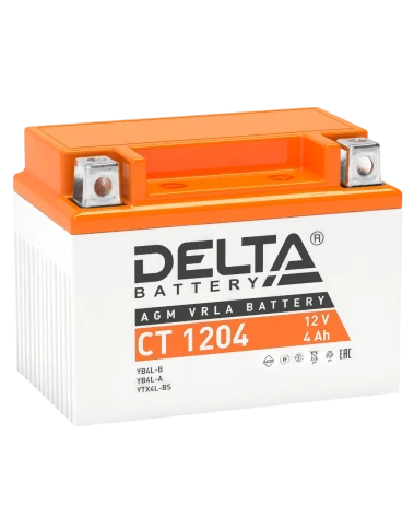 Аккумуляторная батарея для мото-техники/ DELTA серия  CT, CT 1204, напряжение 12В, емкость 4 Ач (разряд 10 часов 10.5 В), пусковой ток: 45А, полярность обратная ( - +),  тип AGM;Pb (свинцово-кислотный), клеммы: BN под болт,  ДxШxВ 114x70x87мм., вес  1,3кг фото 1