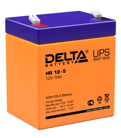 Батарея DELTA серия HR, HR 12-5, напряжение 12В, емкость 5Ач (разряд 20 часов),  макс. ток разряда (5 сек.) 75А, макс. ток заряда 1.5А, свинцово-кислотная типа AGM, клеммы F2, ДxШxВ 90х70х101мм., вес 1.8кг., срок службы 8 лет./ Battery DELTA series HR, HR фото 1