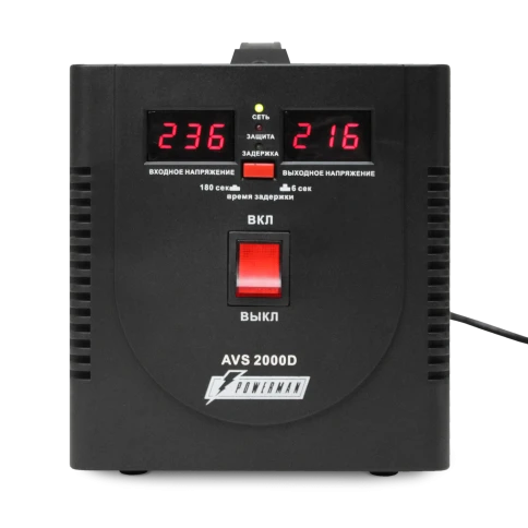 Стабилизатор POWERMAN AVS 2000D, черный, ступенчатый регулятор, цифровые индикаторы уровней напряжения, 2000ВА, 140-260В, максимальный входной ток 12А, 2 евророзетки, IP-20, напольный,  200мм х 160мм х 190мм, 4.9 кг./ Stabilizer POWERMAN AVS 2000D, black, фото 1