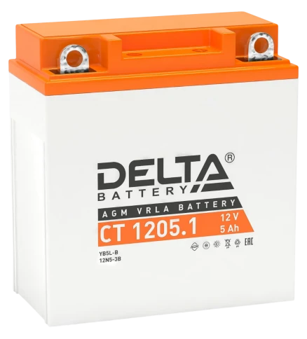 Аккумуляторная батарея для мото-техники/ DELTA серия  CT, CT 1205.1, напряжение 12В, емкость 5 Ач (разряд 10 часов 10.5 В), пусковой ток: 65А, полярность обратная ( - +),  тип AGM;Pb (свинцово-кислотный), клеммы: BN под болт,  ДxШxВ 120x61x129мм., вес  1, фото 1