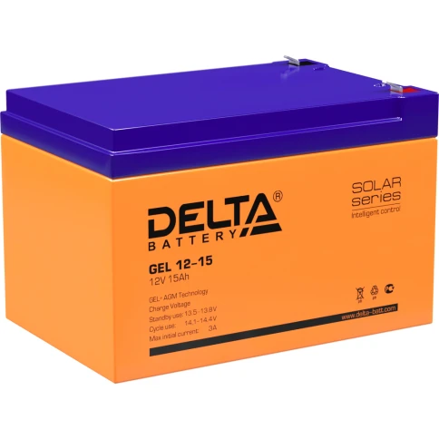 Батарея DELTA серия GEL, GEL 12-15, напряжение 12В, емкость 15Ач (разряд 20 часов),  макс. ток разряда (5 сек.) 200А, макс. ток заряда 3А, свинцово-кислотная типа AGM+GEL, клеммы F2, ДxШxВ 151х98х96мм., вес 3.7кг., срок службы 10-12 лет./ Battery DELTA se фото 1