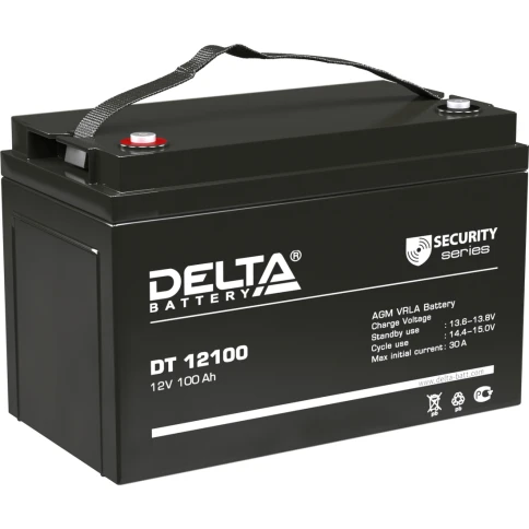 Батарея DELTA серия DT, DT 12100, напряжение 12В, емкость 100Ач (разряд 20 часов),  макс. ток разряда (5 сек.) 1000А, макс. ток заряда 30А, свинцово-кислотная типа AGM, клеммы под болт М8, ДxШxВ 330х173х215мм., вес 28.6кг., срок службы 7-10 лет./ Battery фото 1