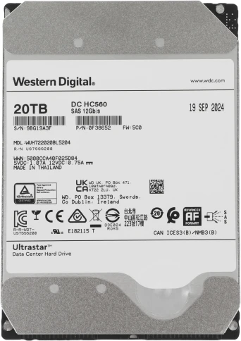 Жесткий диск WD SAS 3.0 20TB 0F38652 WUH722020BL5204 Server Ultrastar DC HC560 512E (7200rpm) 512Mb 3.5" [0F38652] фото 1