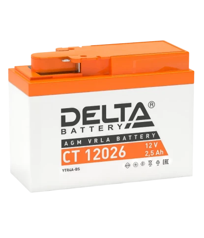 Аккумуляторная батарея для мото-техники/ DELTA серия  CT, CT 12026, напряжение 12В, емкость 2,5 Ач (разряд 10 часов 10.5 В), пусковой ток: 45А, полярность обратная ( - +),  тип AGM;Pb (свинцово-кислотный), клеммы: BN под болт,  ДxШxВ 115x50x86мм., вес  1к фото 1