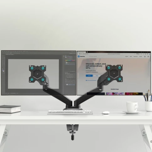 Кронштейн для 2 мониторов ONKRON/ 13-32" ГАЗЛИФТ макс 100*100 наклон -90?/+90?, поворот +-90°, 2 колена, вылет от стены до 450мм, крепление к столу 10-83мм, макс общий вес 6,5кг, черный фото 2